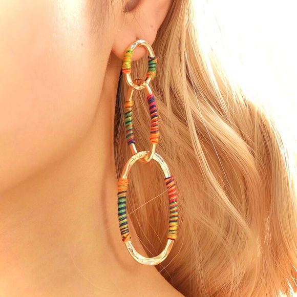2/$30🌵 Colorful Thread Wrapped Gold Oval Chain Link Earrings Dangle Boho NEW - Picture 5 of 8